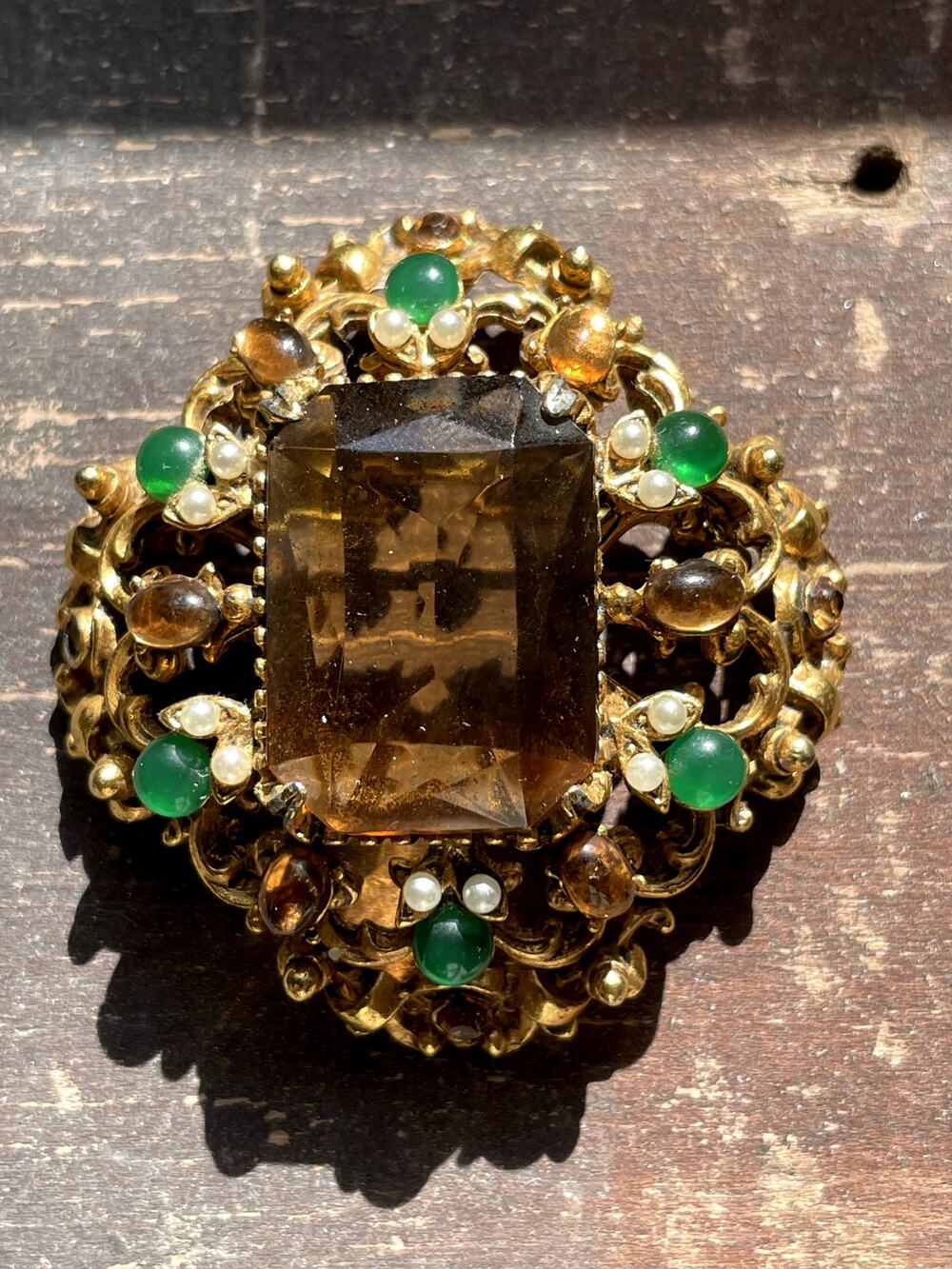 Vintage Signed Florenza Brooch Pendant Amber Glass Green Cabochon Faux Pearl 2"